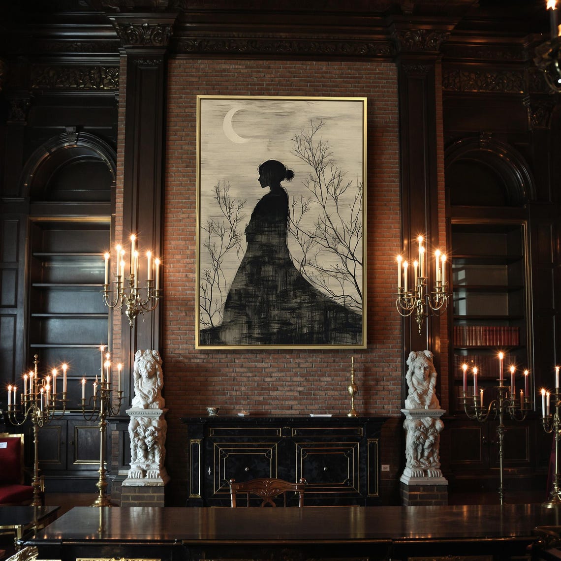 Gothic Woman in Flowing Gown Silhouette Under Crescent Moon Poster - Image 2