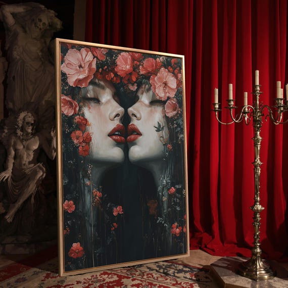 Gothic Twin Girls In Red Flowers Print Dark Academic Romantic Home Decor Moody Dark Botanical Poster Ready To Hang Framed Wall Art