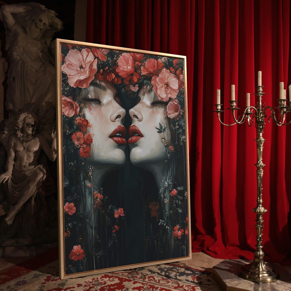 Mirrored Gothic Woman Faces With Red Lips And Pink Flowers Dark Poster