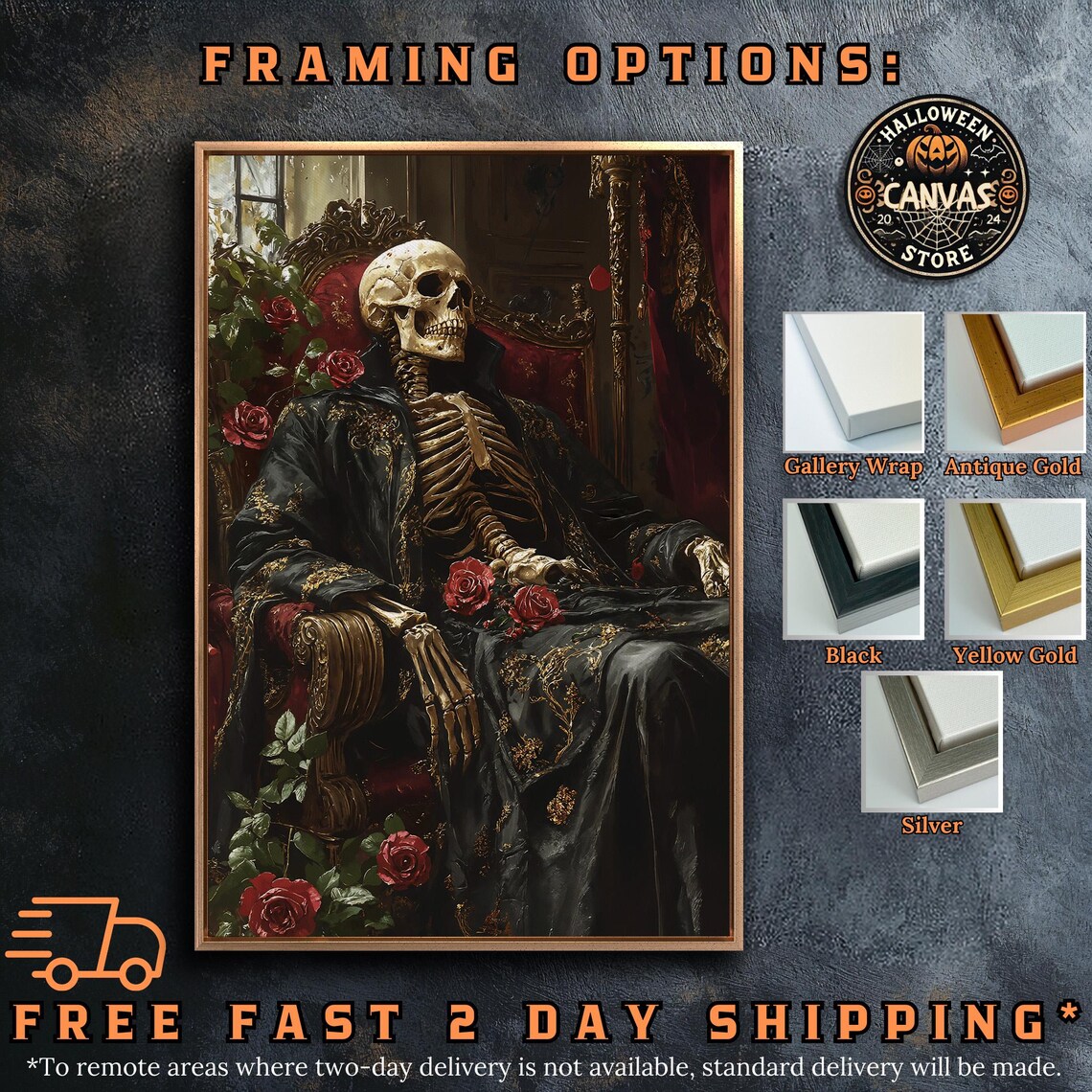 Skeleton In Black Robe Reclining On Ornate Chair With Red Roses Poster - Image 5