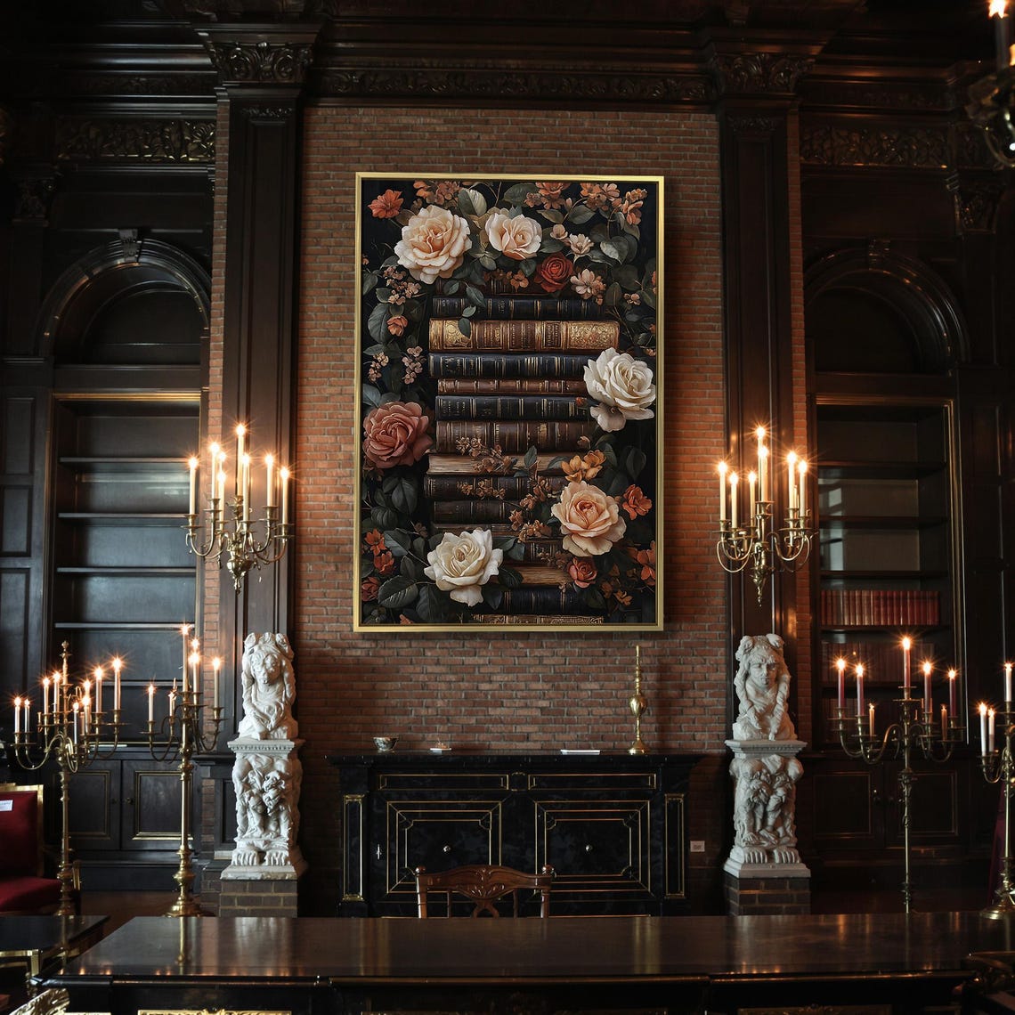 Vintage Books And Roses Stack Dark Botanical Library Wall Poster - Image 2