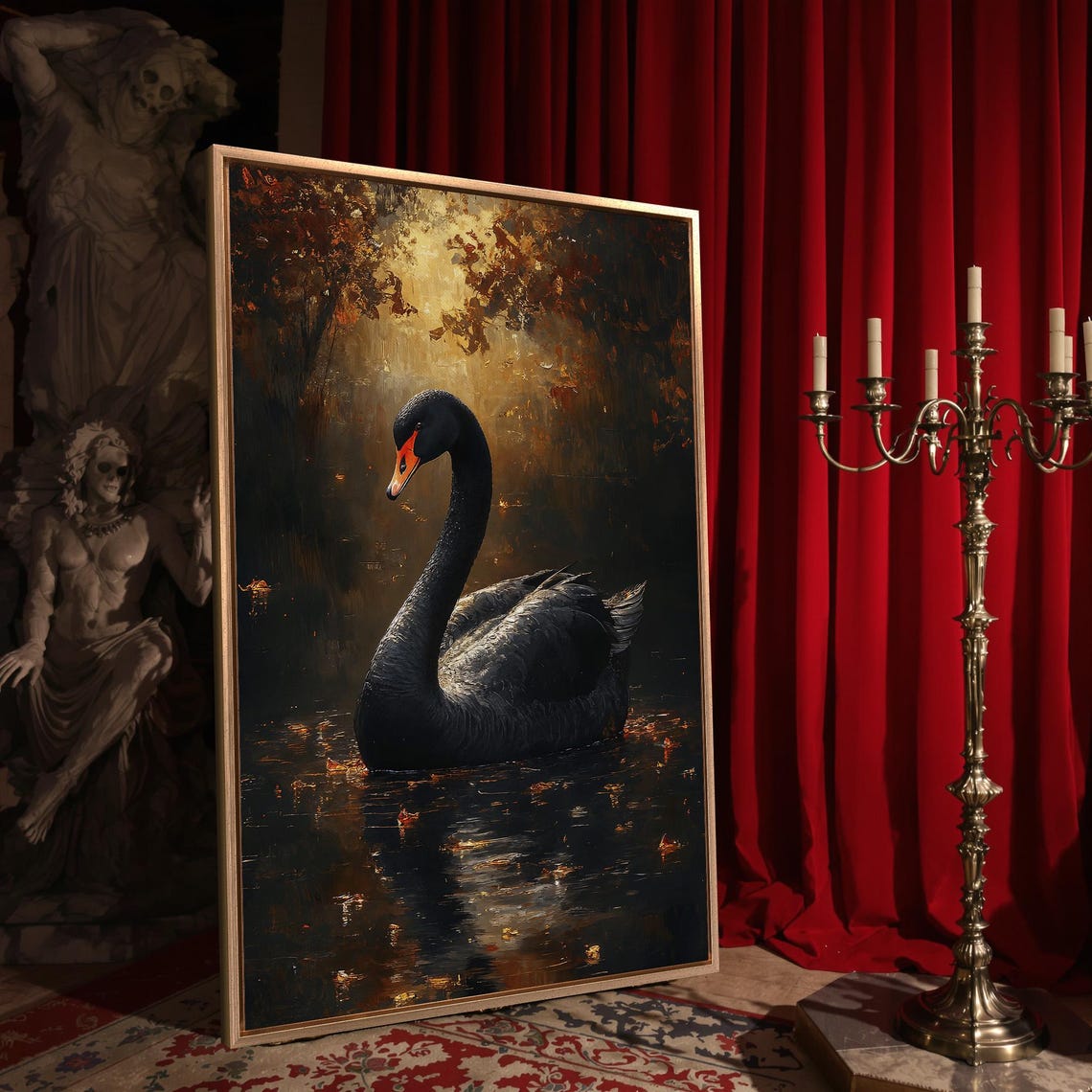 Black Swan Autumn Pond Golden Fall Leaves Dark Wildlife Art Poster - Image 4