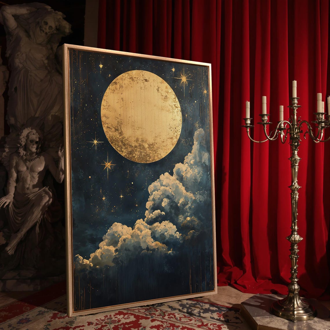 Golden Full Moon Dark Starry Night Clouds Black And Gold Poster - Image 4