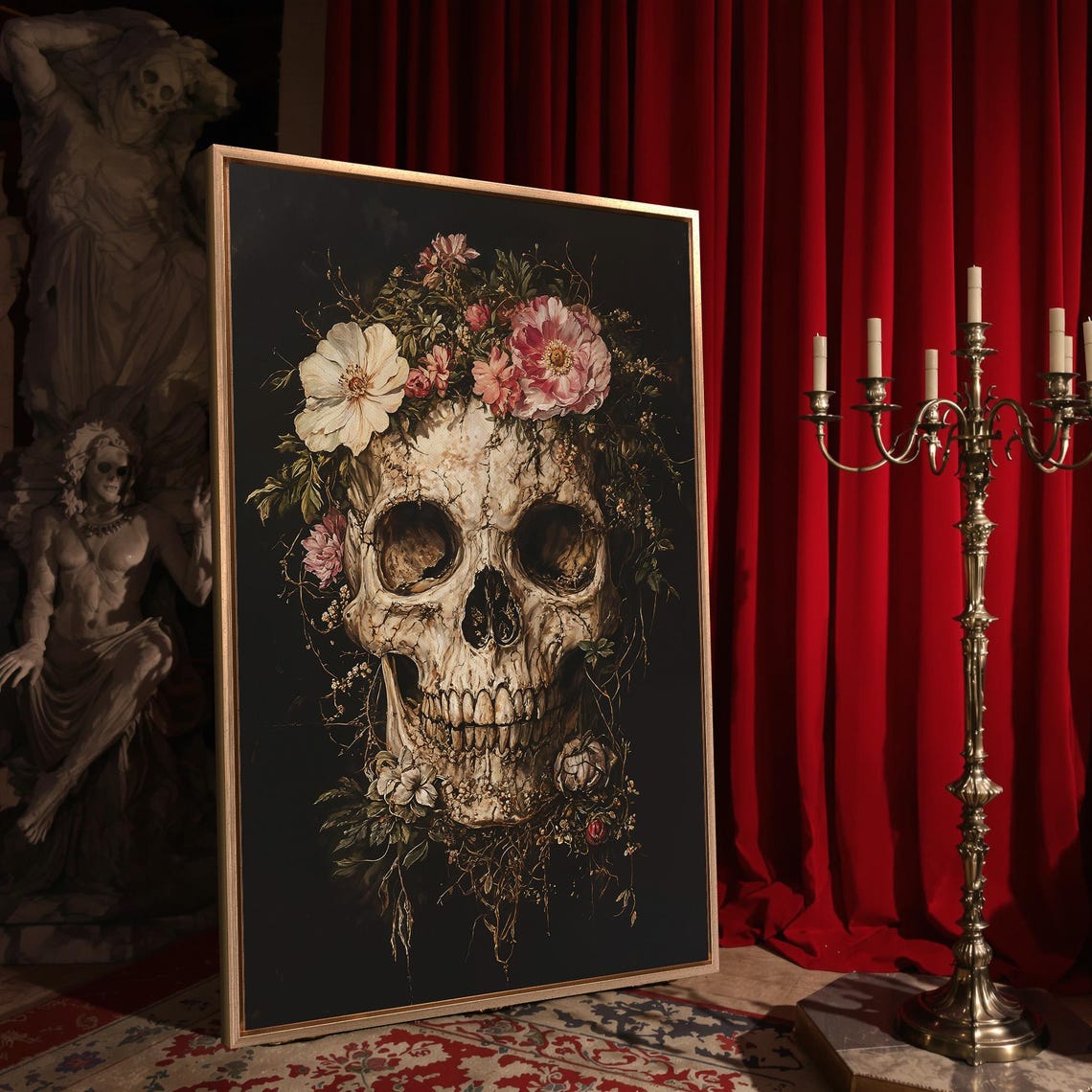 Gothic Skull Crowned With Pink Flowers Memento Mori Dark Floral Poster - Image 4