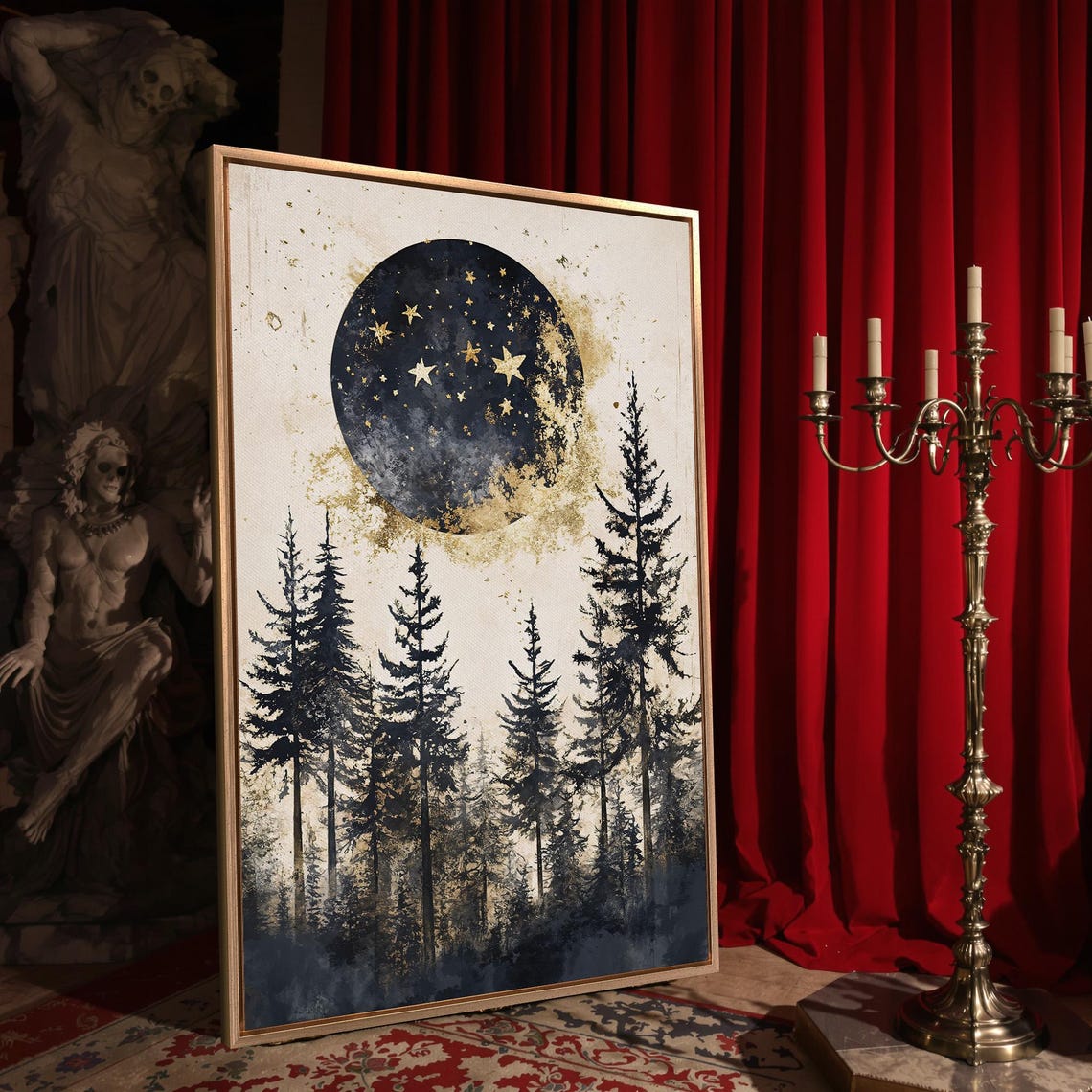 Starry Black Moon Over Pine Forest Cream Celestial Art Poster - Image 4