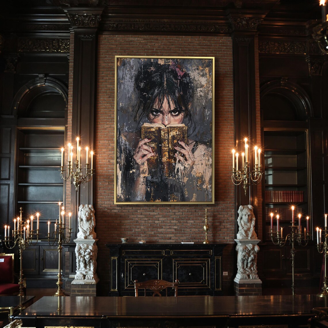 Girl Reading Antique Book Intense Gaze Dark Grungy Gothic Literature Wall Art - Image 2