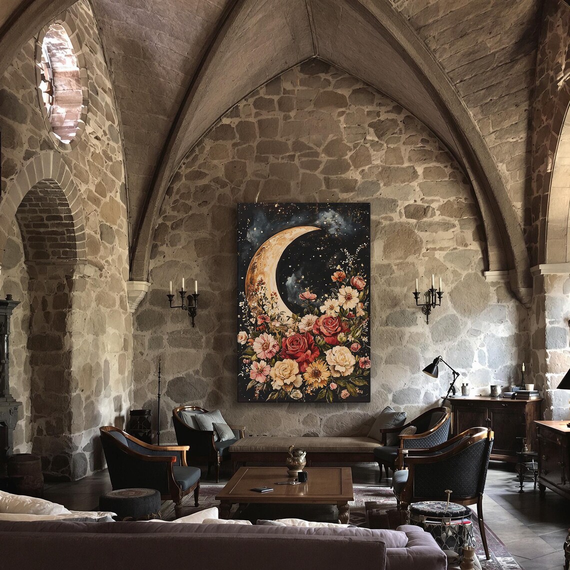 Crescent Moon Blooming Flowers Starry Night Celestial Dark Botanical Wall Poster - Image 3