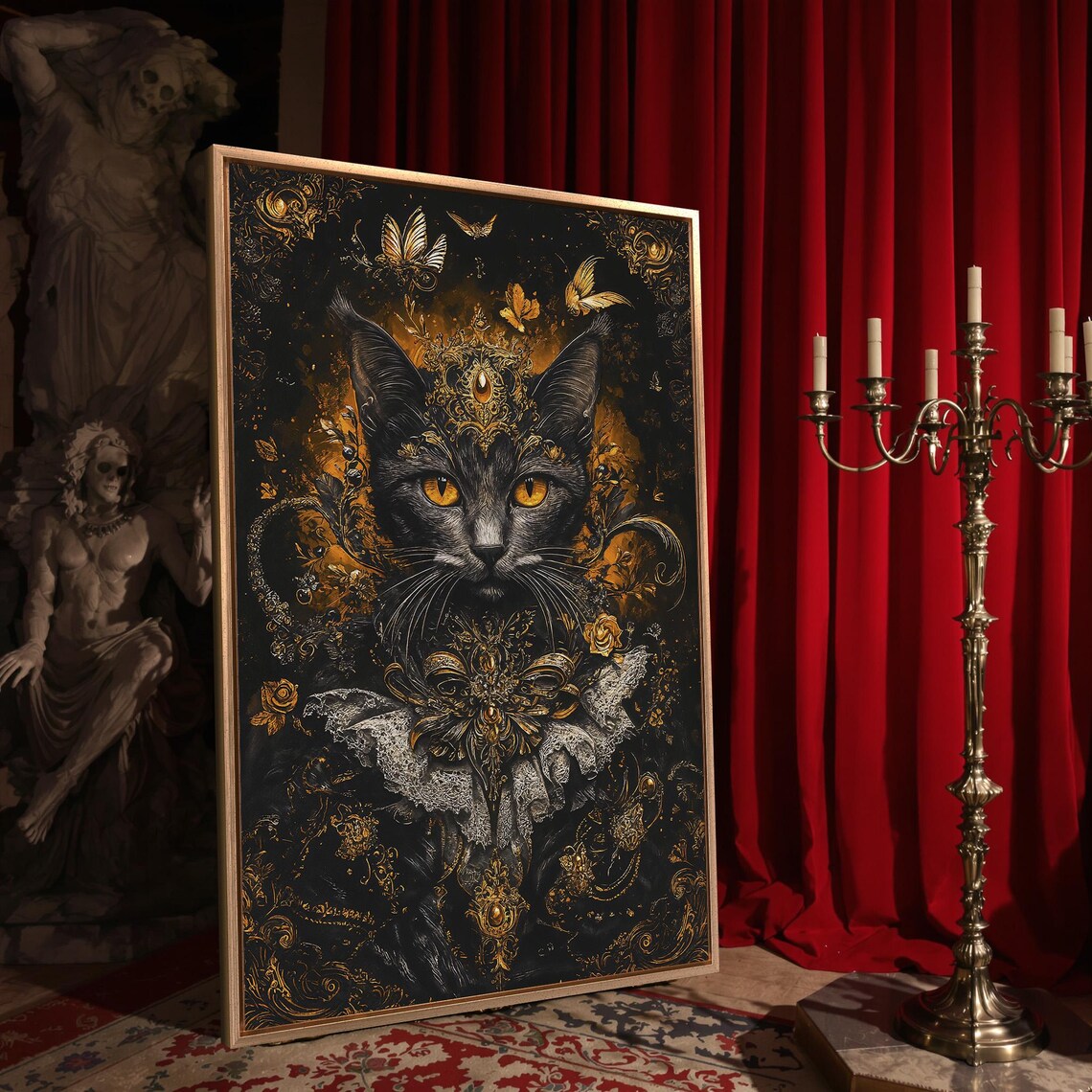 Ornate Black Cat Golden Baroque Crown Amber Eyes Gothic Art Poster - Image 4