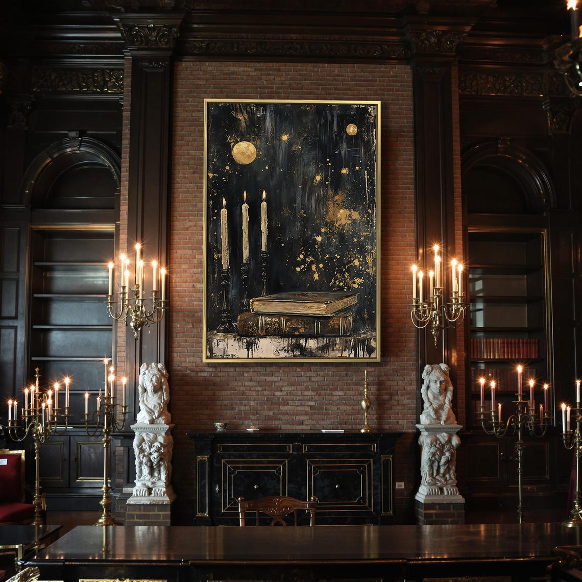 Antique Books With Lit Candles Black And Gold Dark Academic Poster - Image 2
