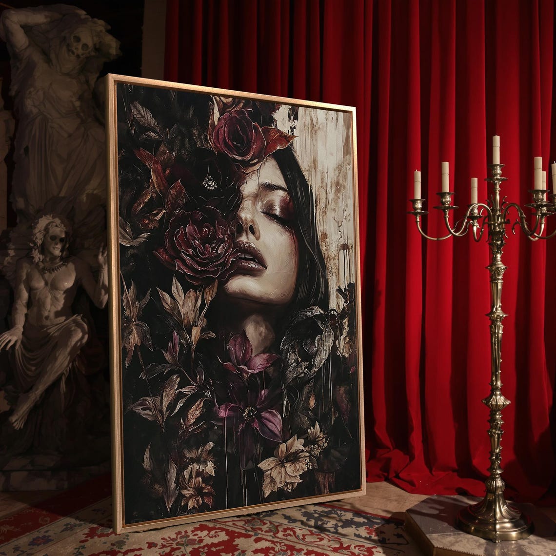 Woman Face Among Dark Red Roses Mysterious Moody Floral Gothic Poster - Image 4