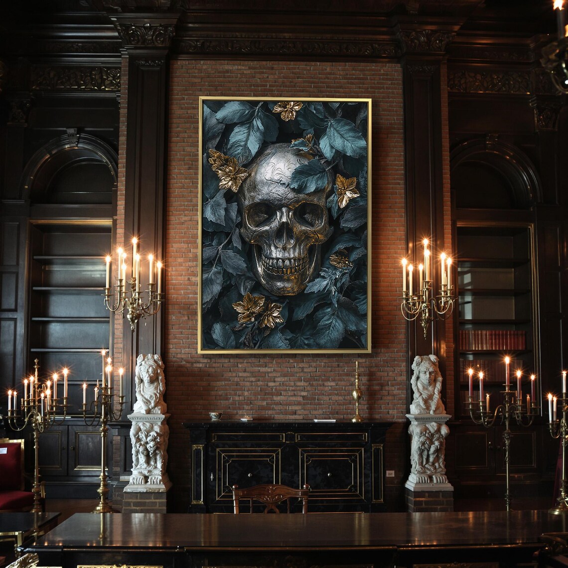 Metallic Skull Teal Leaves Gold Flowers Gothic Memento Mori Dark Wall Art - Image 2