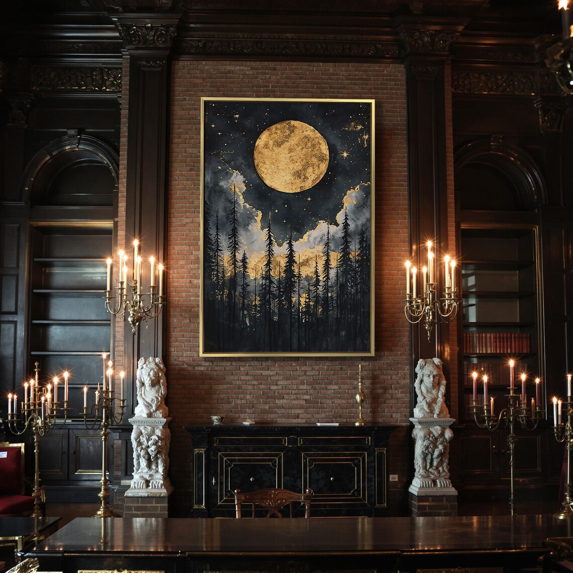 Golden Full Moon Tall Pine Forest Starry Night Dark Clouds Mystical Wall Poster - Image 3