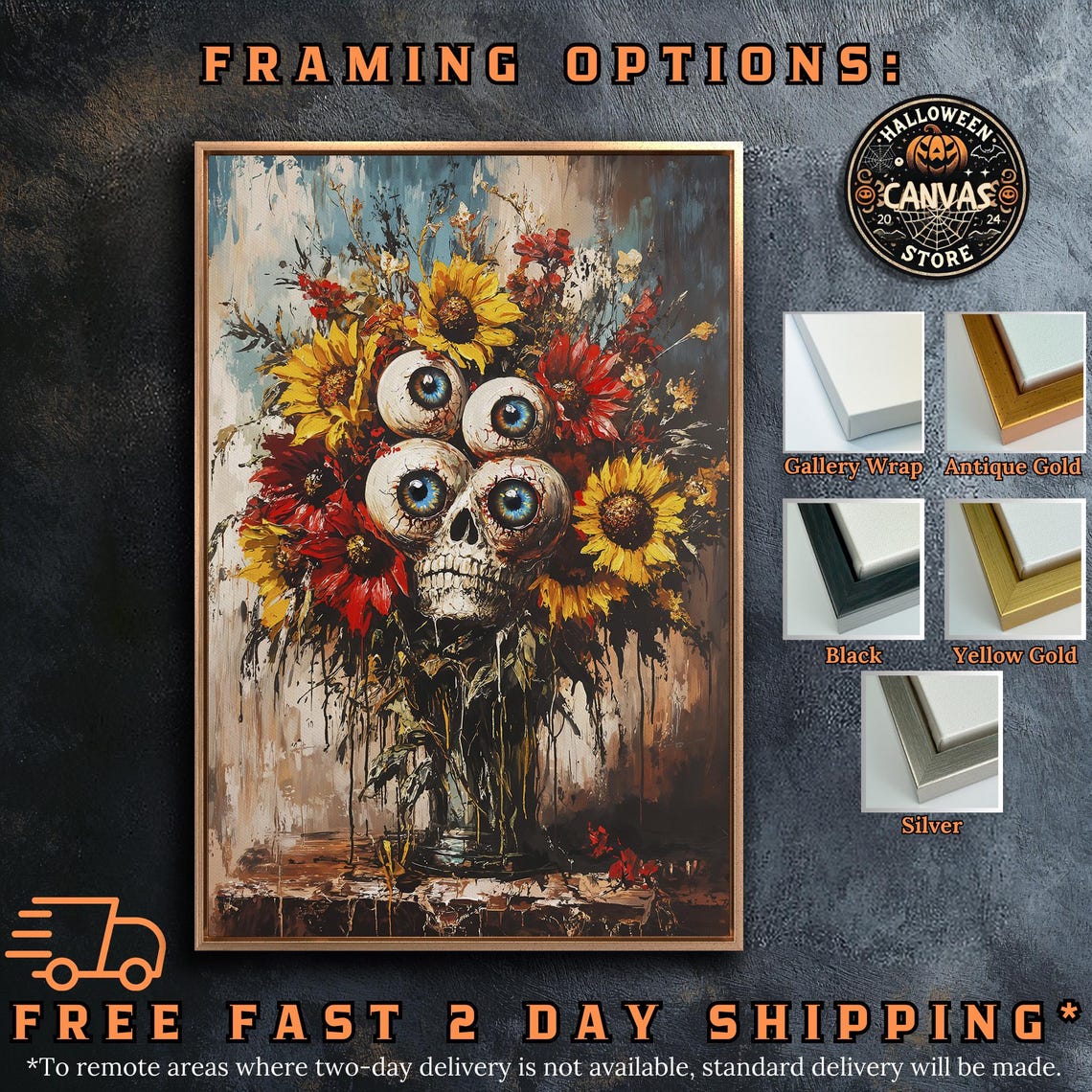 Surreal Skull With Big Blue Eyes Among Sunflowers Dark Art Poster - Image 5