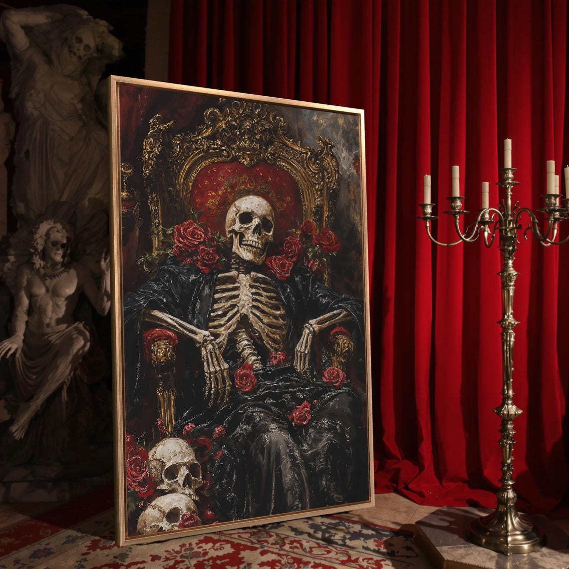 Gothic Skeleton On Golden Throne With Red Roses And Skulls Dark Poster - Image 4