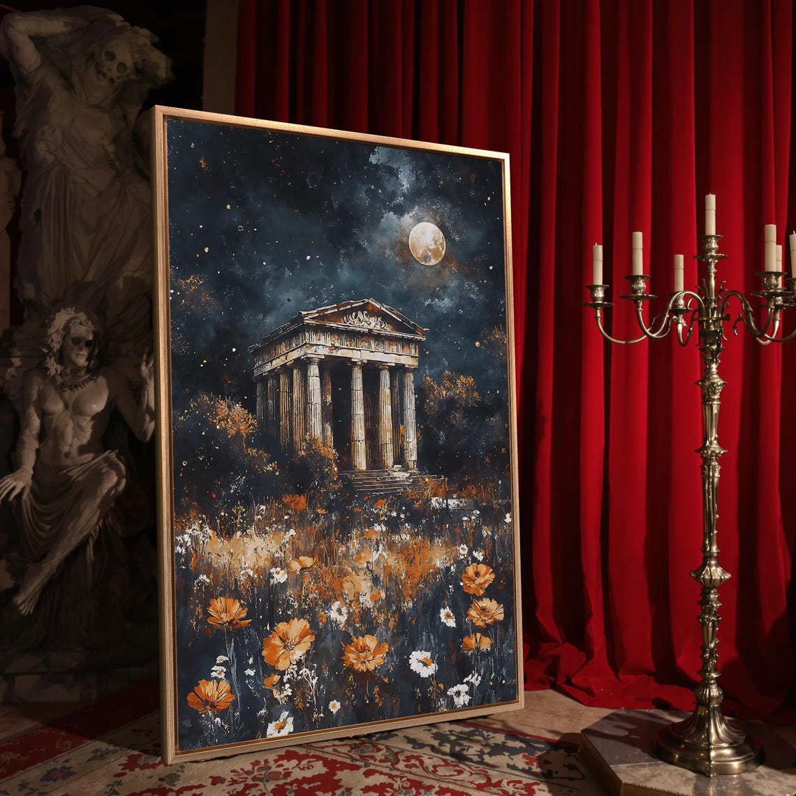 Moonlit Ancient Temple Ruins Wildflower Field Dark Academia Wall Art - Image 4