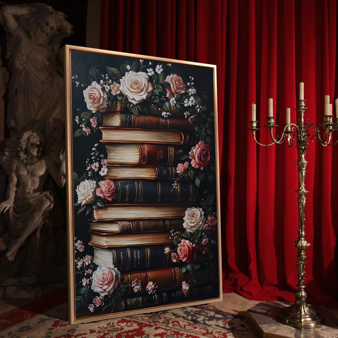 Vintage Book Stack With Pink Roses Dark Library Painting Poster - Image 4
