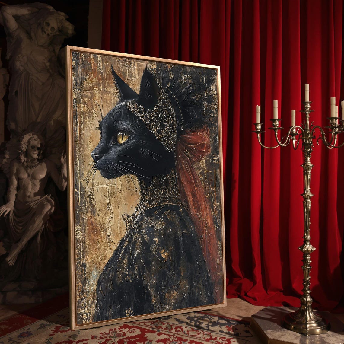 Black Cat In Golden Headdress Red Veil Gothic Feline Portrait Poster - Image 4