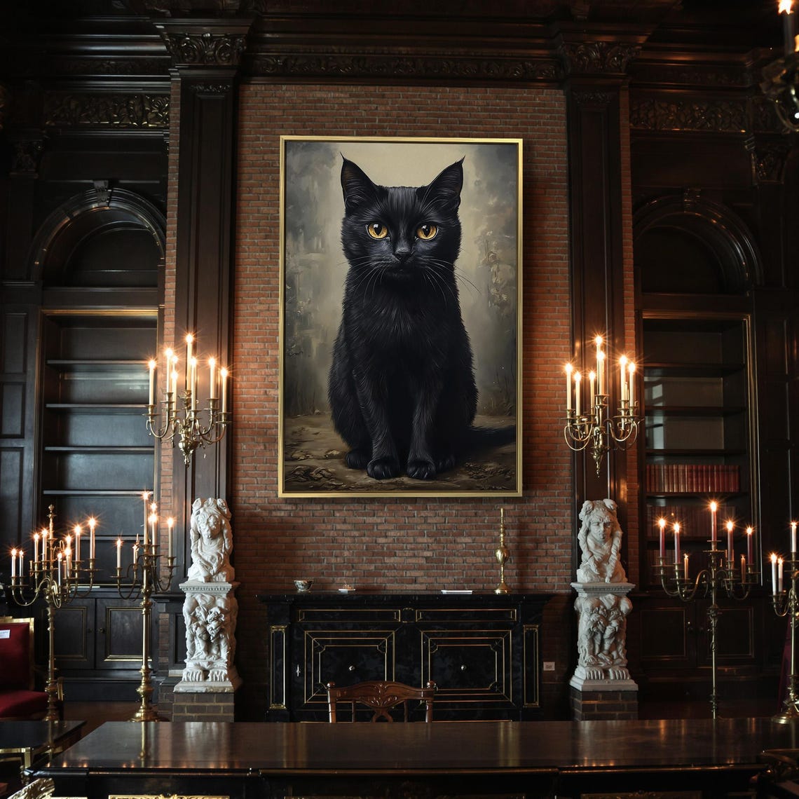 Black Cat With Amber Eyes Sitting Portrait Gothic Painting Poster - Image 2