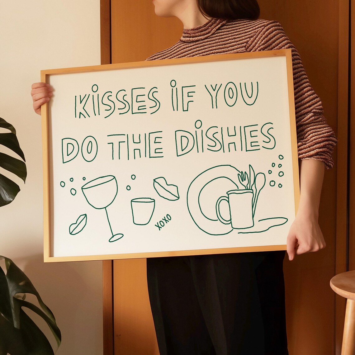Kisses If You Do The Dishes Funny Kitchen Line Art Quote Poster - Image 3
