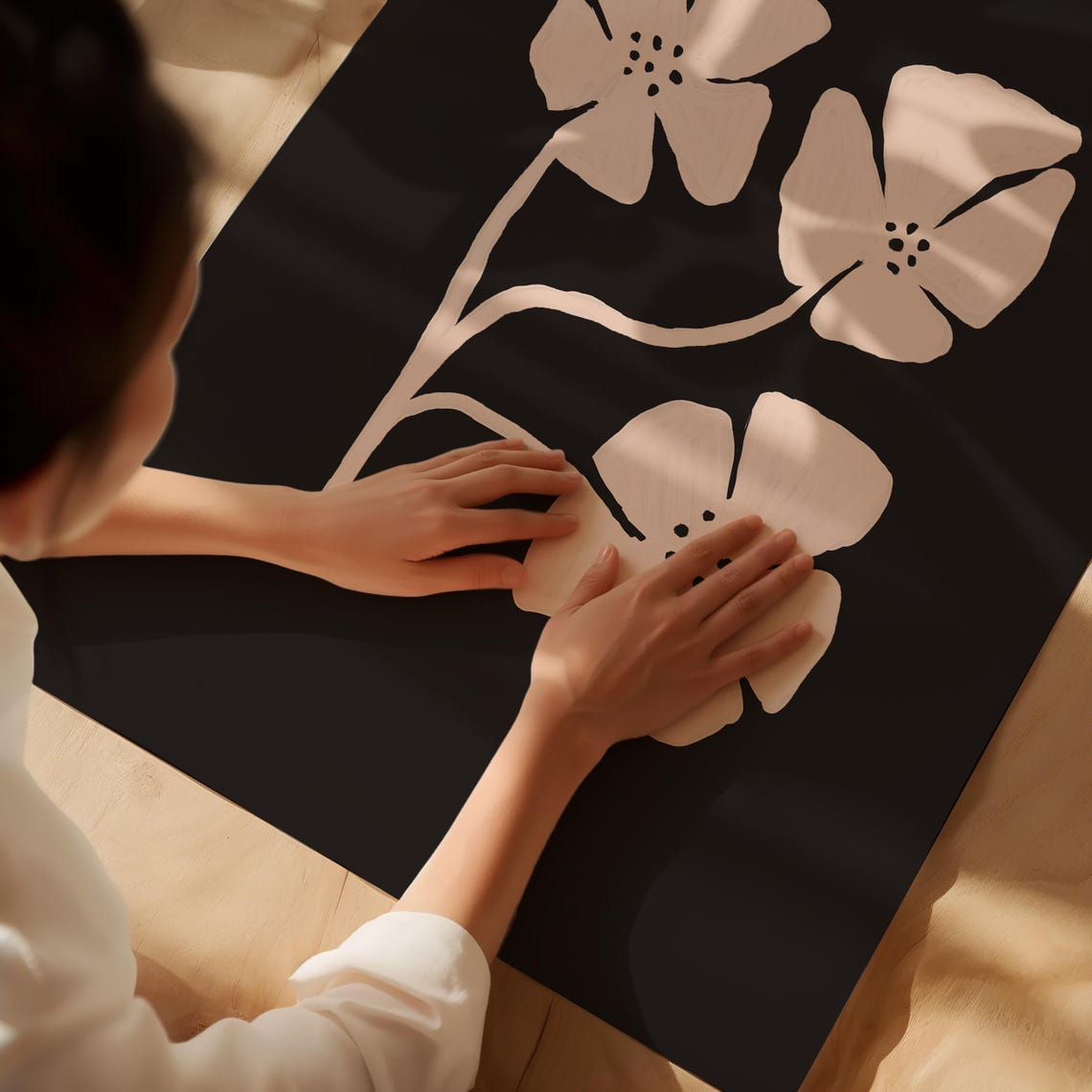 Three Cream Flowers On Black Background Modern Floral Art Poster - Image 2
