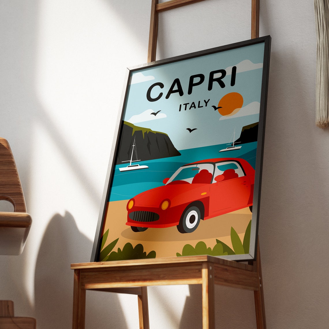 Capri Italy Red Convertible Beach Cliffs Retro Travel Poster - Image 2