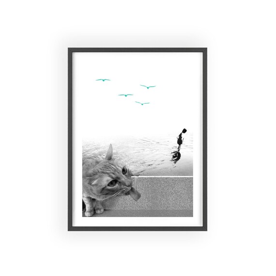 Giant Cat on the Beach Surreal Collage Teal Birds Wall Poster