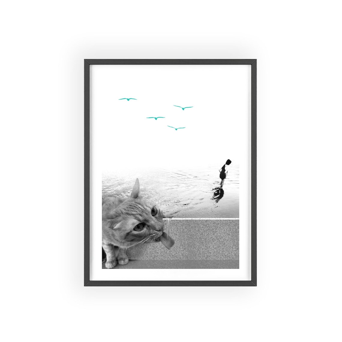 Giant Cat on the Beach Surreal Collage Teal Birds Wall Poster