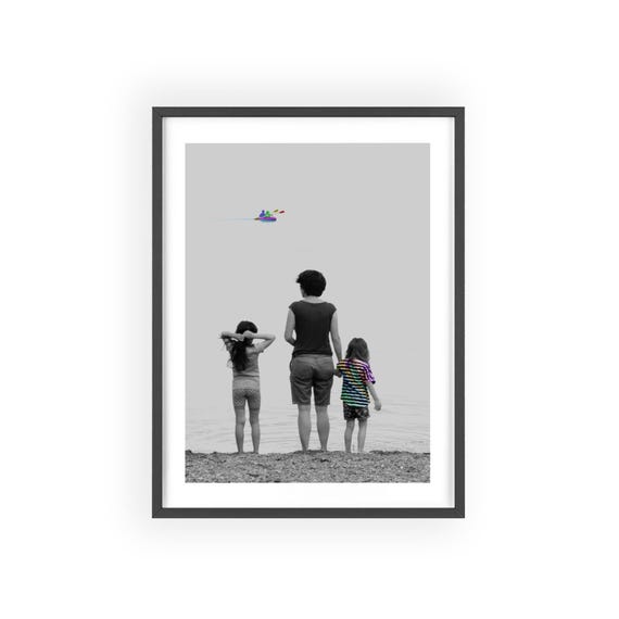 Artistic Black And White Poster Minimalist Wall Decor Mother And Children Photography Print Lake View Picture Wooden Frame Option