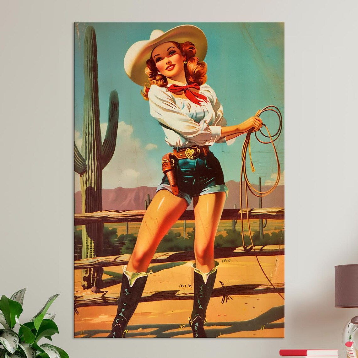 Cowgirl Pin-Up Woman, Retro 50s Living Room Art Print
