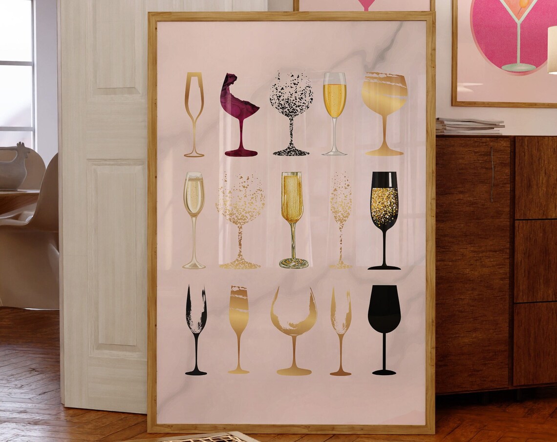 Champagne Glass Grid Fifteen Artistic Gold Black Bar Wall Poster