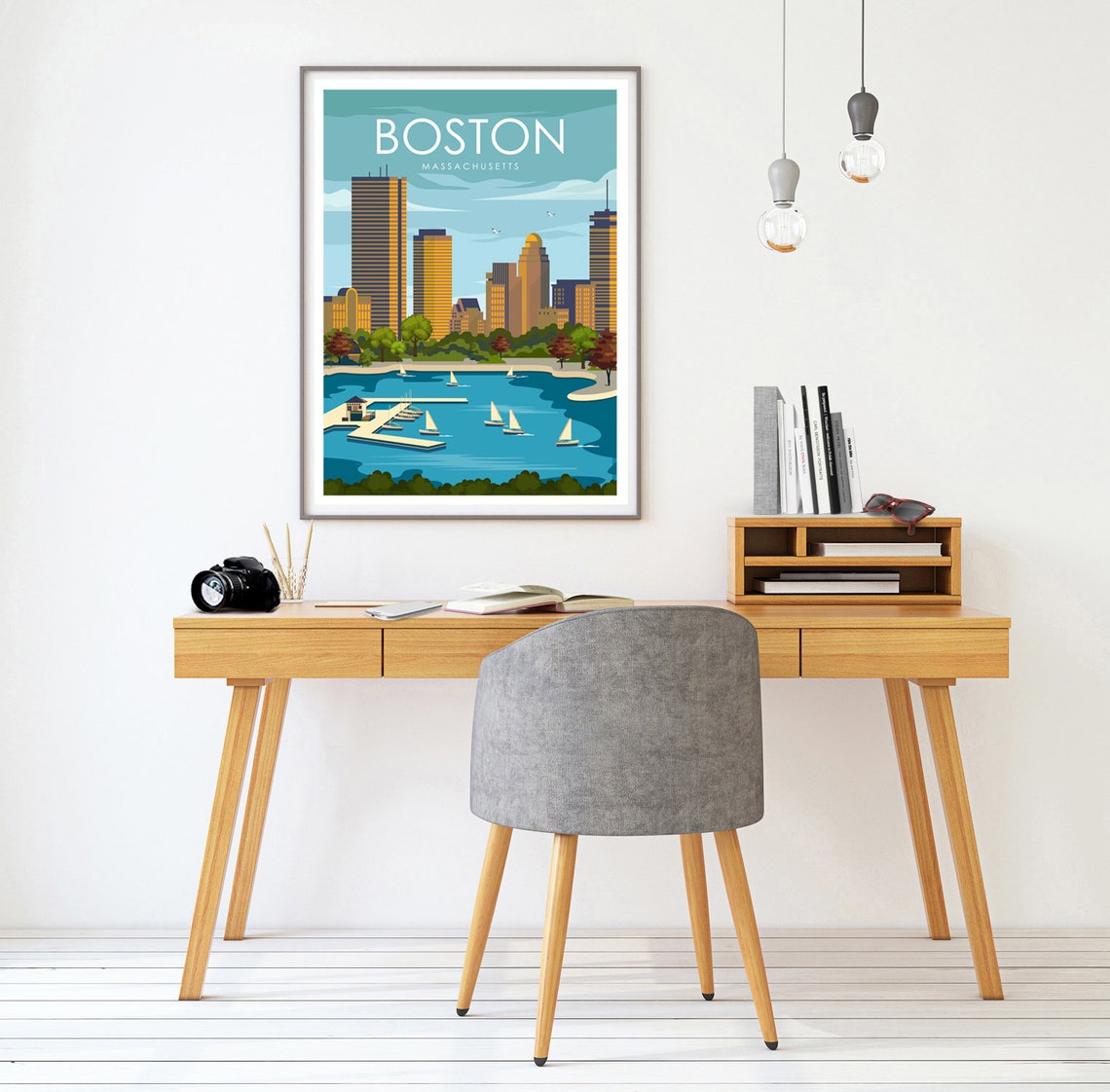 Boston Massachusetts Skyline Sailboats Harbor Retro Travel Poster - Image 2