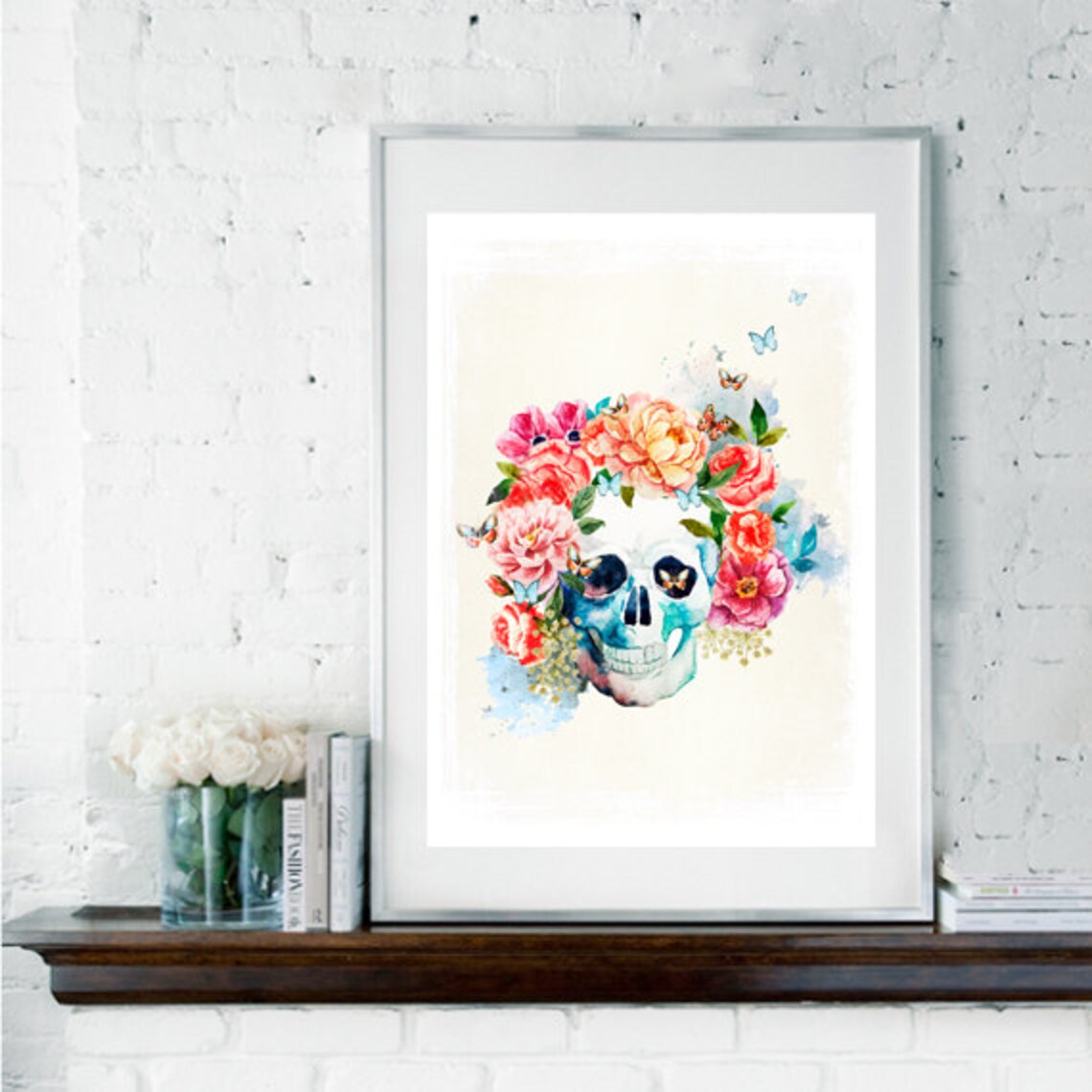 Watercolor Skull Floral Art Print, Gothic Decor - Image 2
