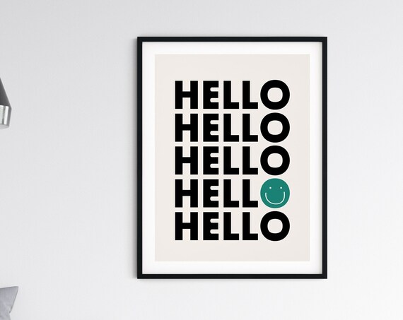 Hello Repeat Smiley Face Fun Retro Typography Greeting Poster