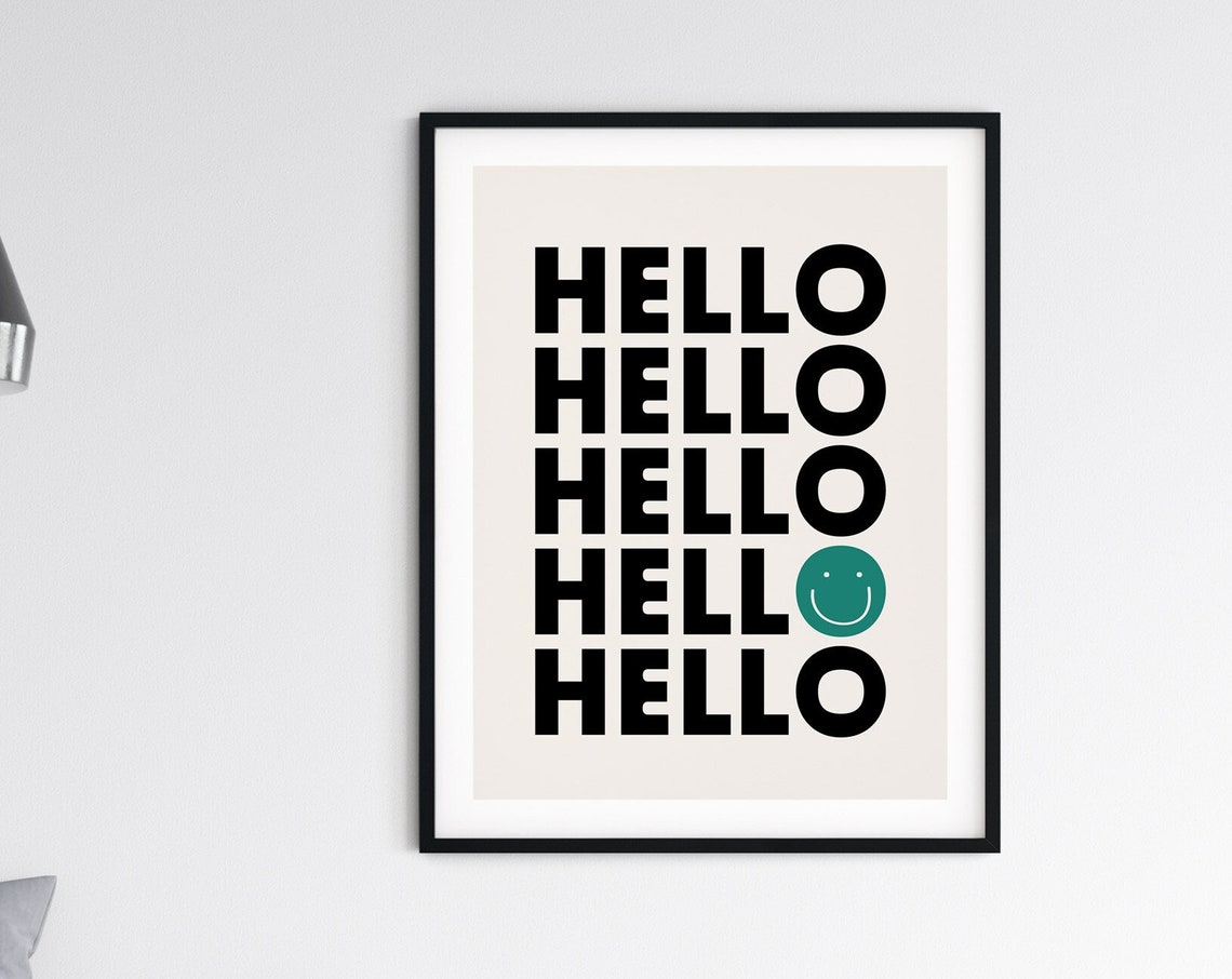 Hello Repeat Smiley Face Fun Retro Typography Greeting Poster