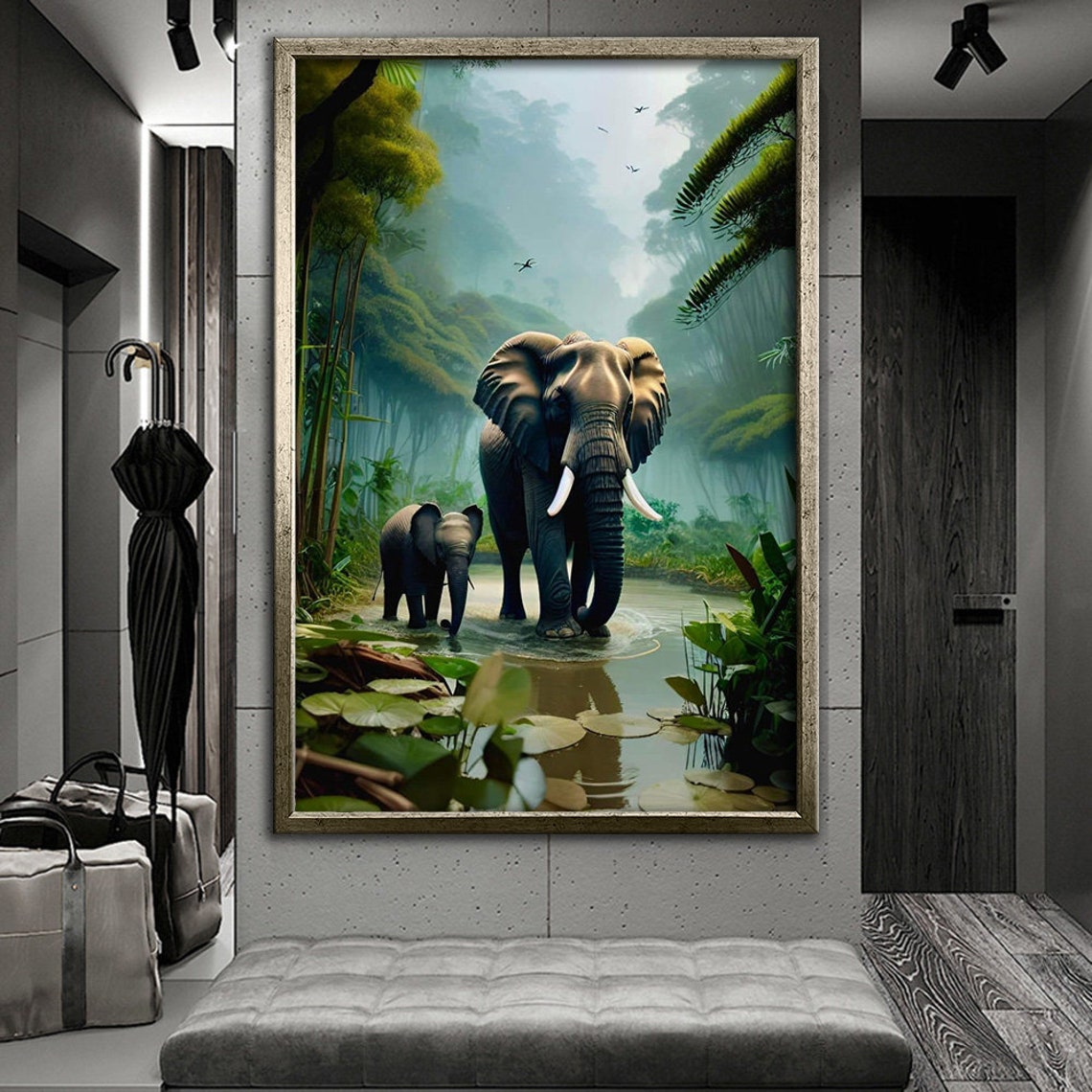 Mother And Baby Elephant In Misty Jungle River Wildlife Art Poster - Image 4