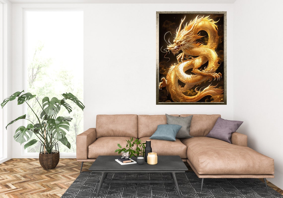 Golden Chinese Dragon Coiled Black Background Mythical Art Poster - Image 2