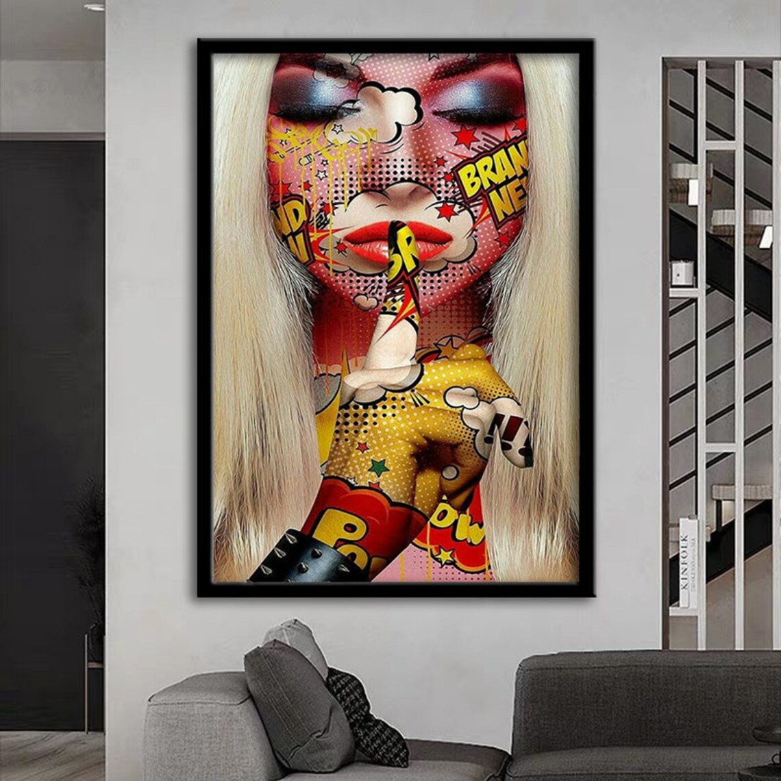 Pop Art Comic Woman Shushing Finger Halftone Colorful Art Poster - Image 4