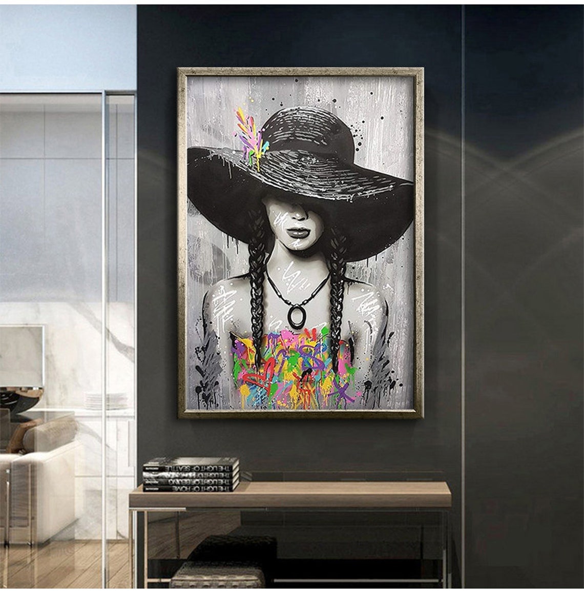 Monochrome Woman Wide Hat Graffiti Dress Street Art Wall Poster - Image 3