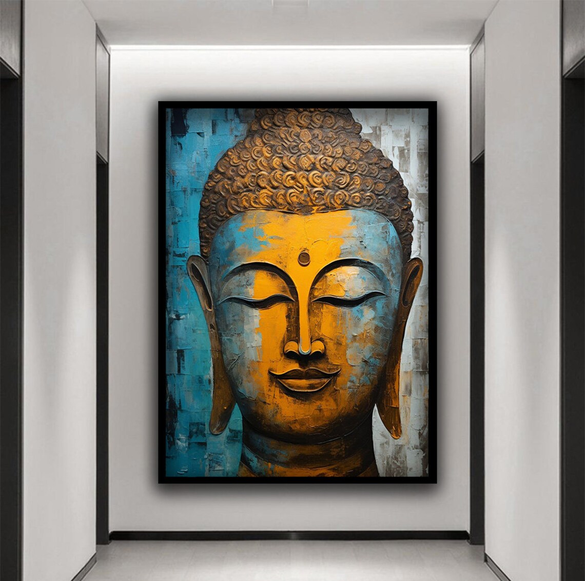 Golden Buddha Face Turquoise Blue Textured Painting Zen Calm Decor Poster - Image 2