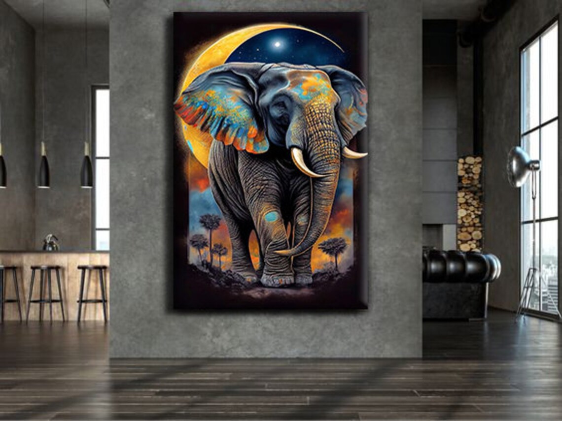 African Elephant Golden Crescent Moon Sunset Colorful Safari Wildlife Art Poster