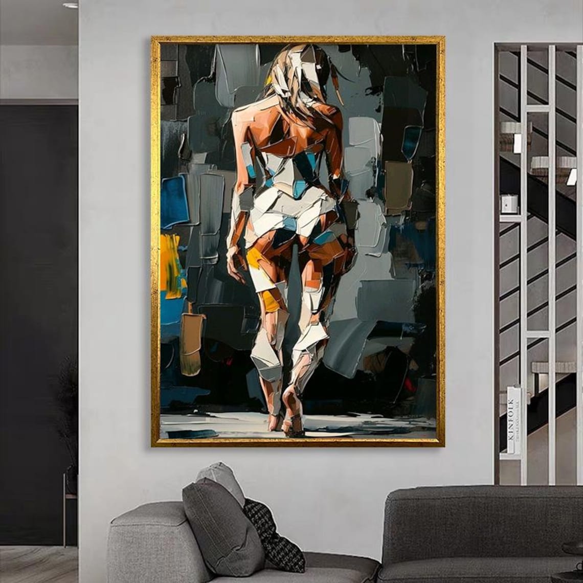 Abstract Woman Walking Away Geometric Cubist Brushstroke Modern Art Poster - Image 2