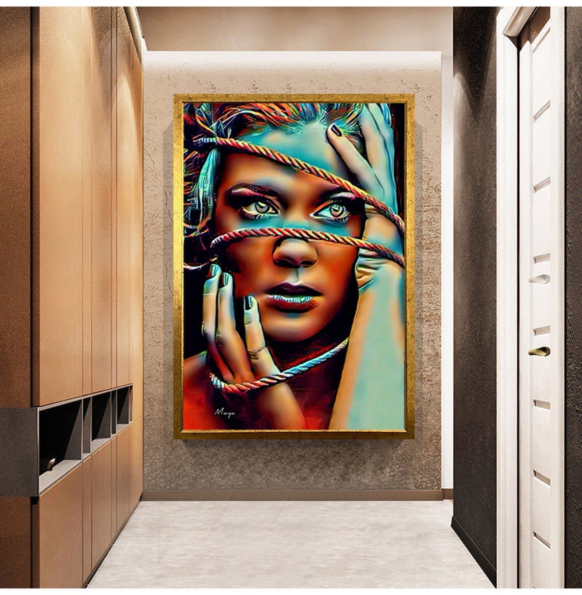 Rope Bound Woman Portrait Captive Colorful Stylized Modern Art Painting Poster