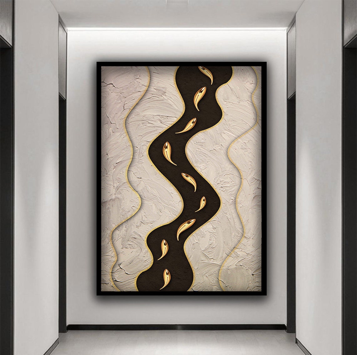 Abstract Design River And Fishes Original Design Print Wall Decor Ready To Hang Print Canvases Framed Gift - Image 2
