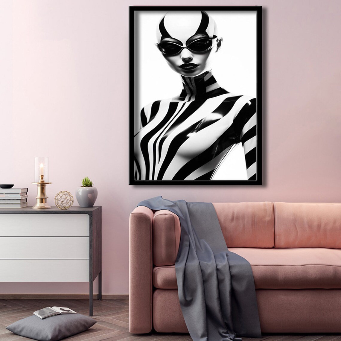 Zebra Stripe Body Paint Woman Sunglasses Black And White Art Print - Image 2