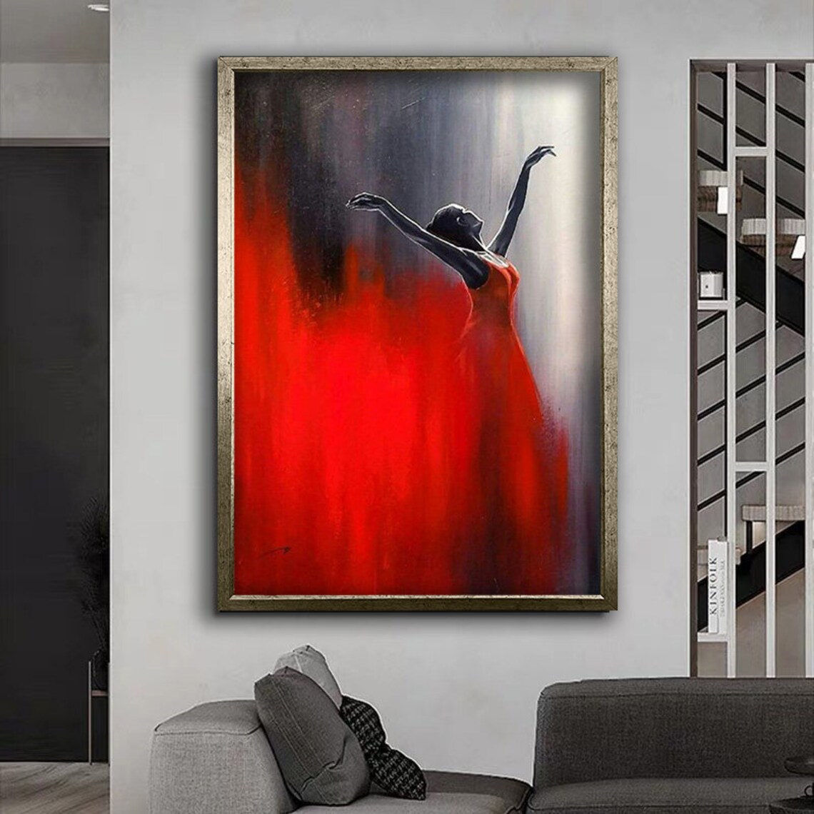 Woman Dancing in Flowing Red Dress Passionate Art Painting Poster - Image 4