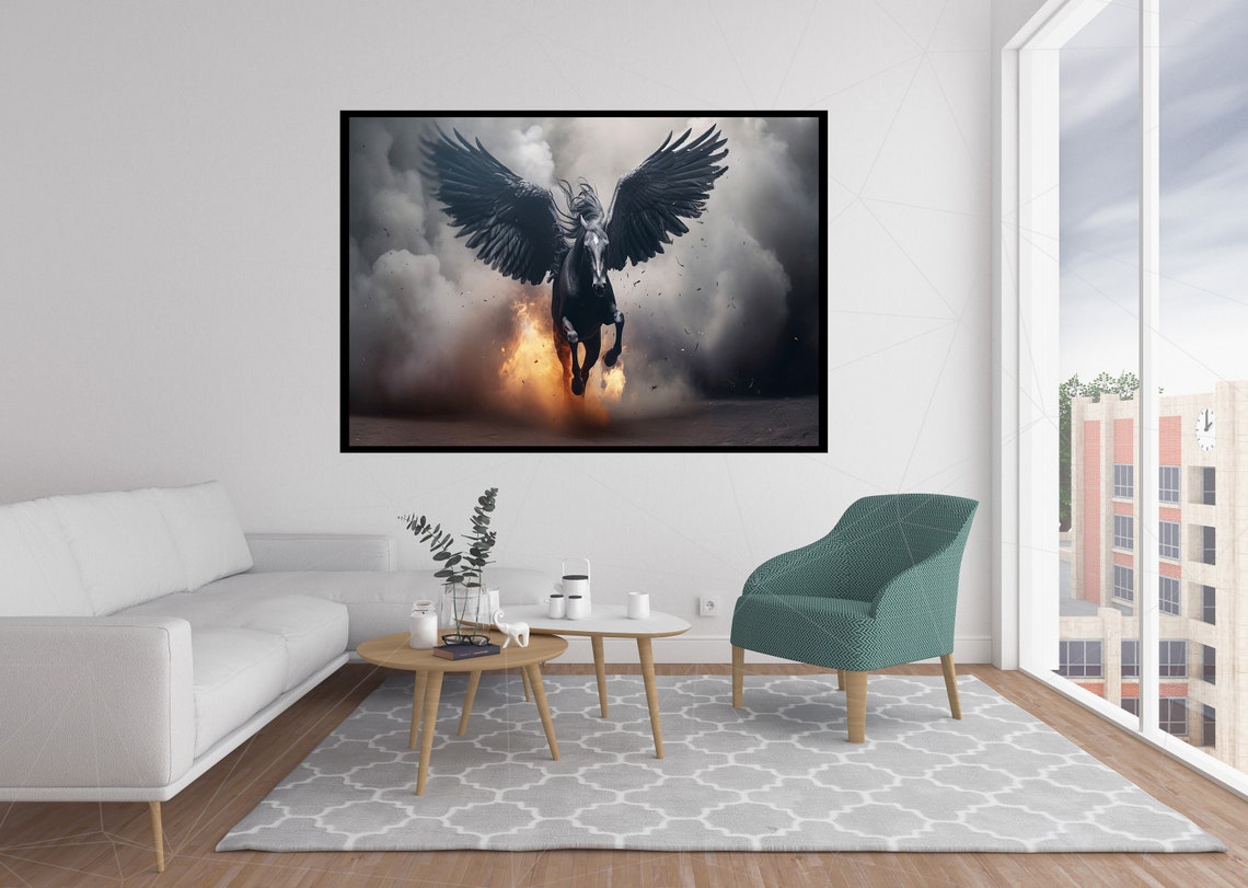Black Pegasus Winged Horse Fire Smoke Fantasy Art Wall Poster - Image 3