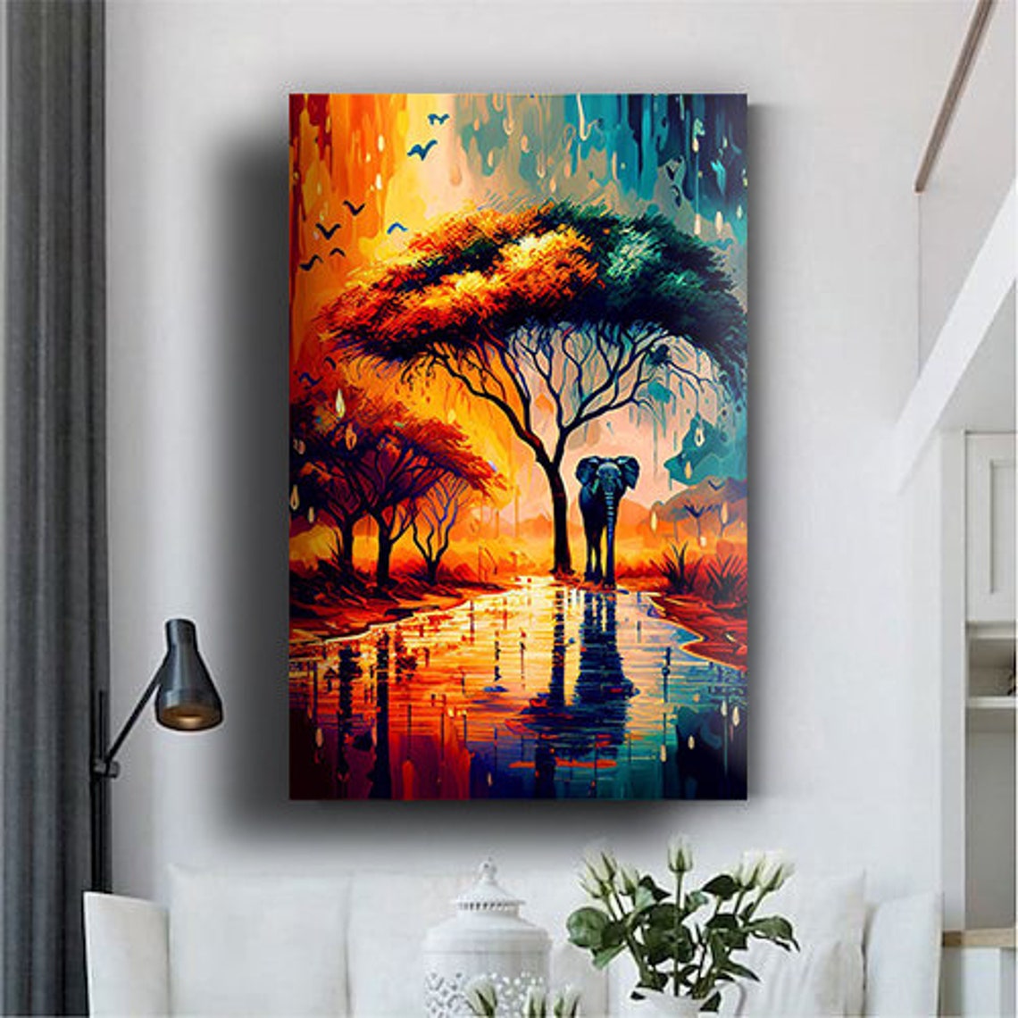 African Elephant Sunset Savanna Acacia Trees Colorful Art Print - Image 2