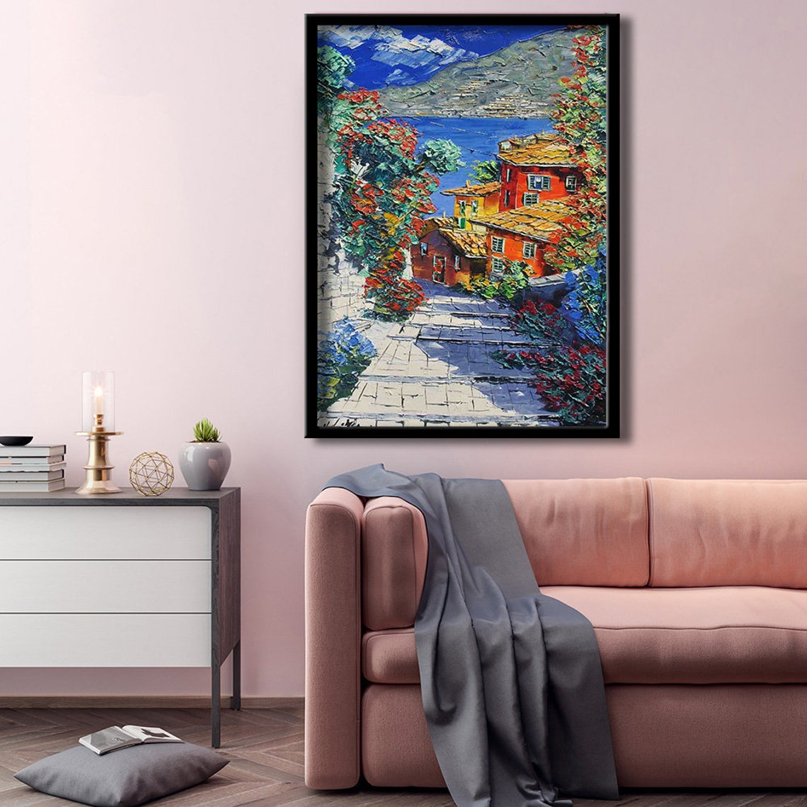 Mediterranean Coastal Village Stone Steps Colorful Sea View Poster - Image 3