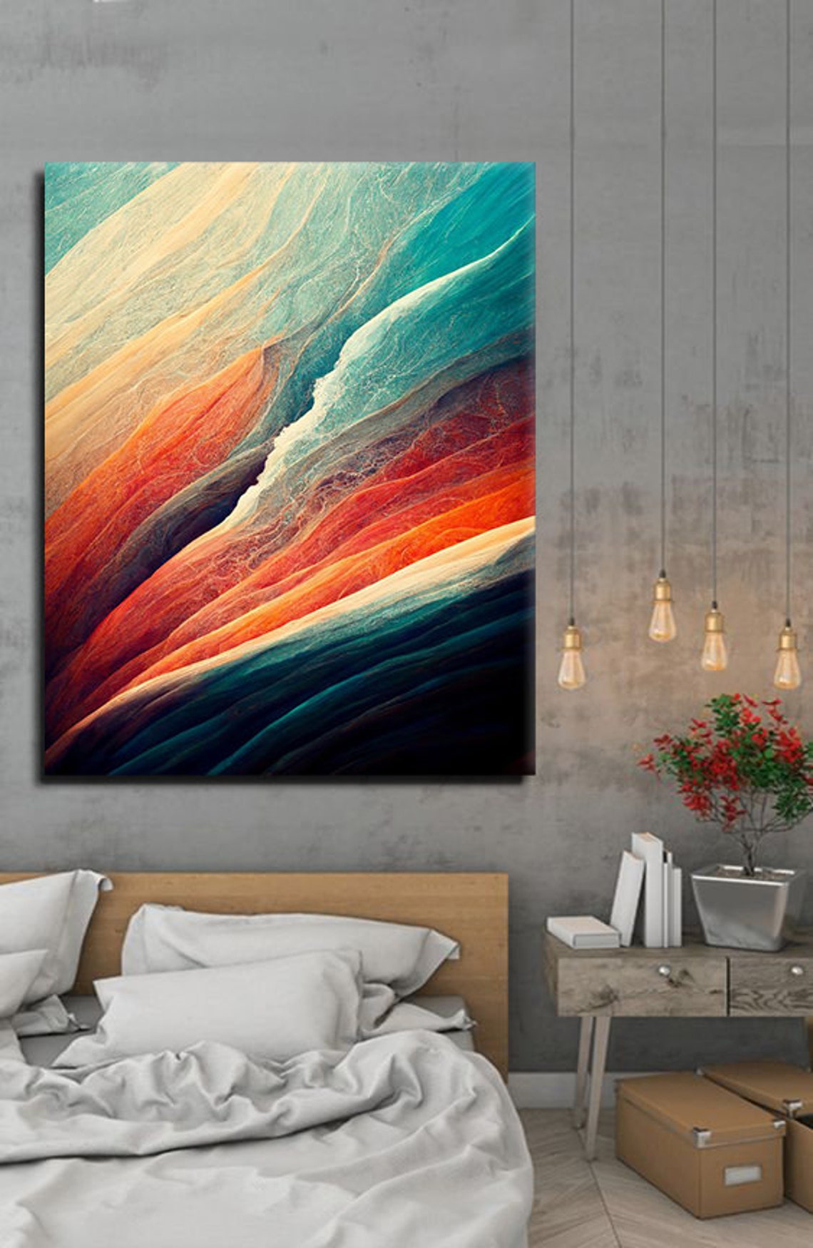 Abstract Flowing Waves Teal Orange Coral Modern Art Wall Print - Image 3