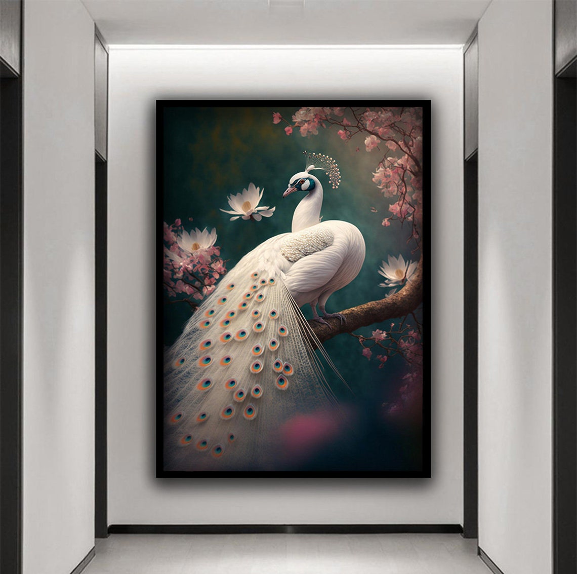 White Peacock On Blossom Tree Elegant Bird Painting Floral Wall Poster - Image 3